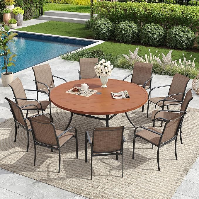 11 Pieces Patio Dining Set, 60" Round Dining Table with Umbrella Hole, 10 Stackable Textilene Fabric Chairs, Metal Structure for Patio, Porch, Garden(Walnut Table, Brown Chair)
