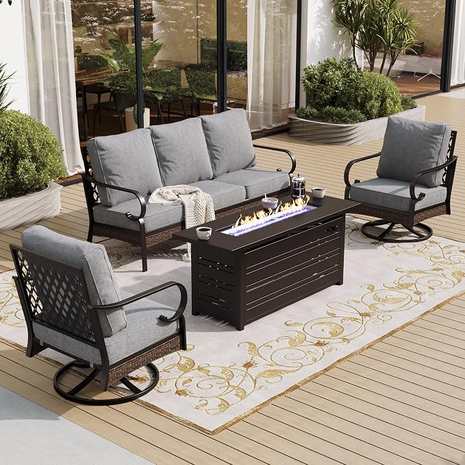 SUNSHINE VALLEY 4 Piece Black Metal Outdoor Patio Furniture Sets with Firepit Table, Patio Conversation Sets 1 3-Seater Sofa, 2 Swivel Sofa with 5.75" Thick Cushion Backyard Furniture for Deck, Gray