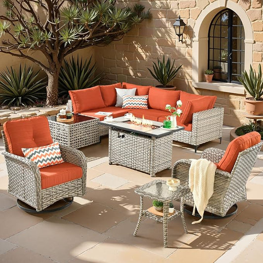 Outdoor Sectional Patio Furniture Set,9 Pieces All Weather Rattan Wicker Conversation Sets with Fire Pit,Out Door Furniture with Swivel Chairs Glowing Coffee Table,Orange Line