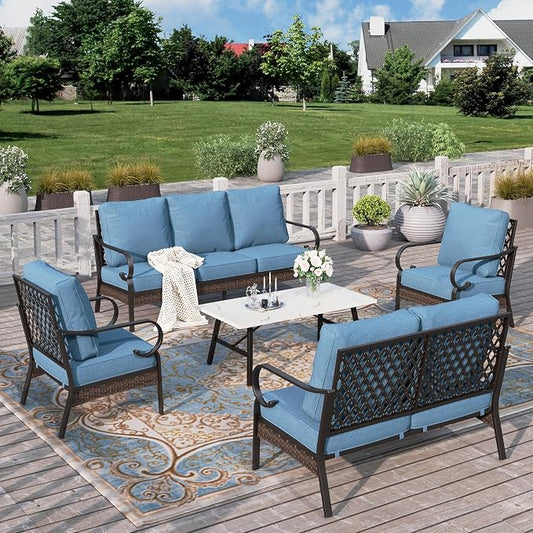 HERA'S HOUSE 5 Piece Metal Patio Furniture Set, 7 Seats All Weather Outdoor Conversation Set, 3 Seat Sofa with Loveseat, 2 Fixed Chairs, Coffee Table for Backyard, Garden, Deck, Navy Blue