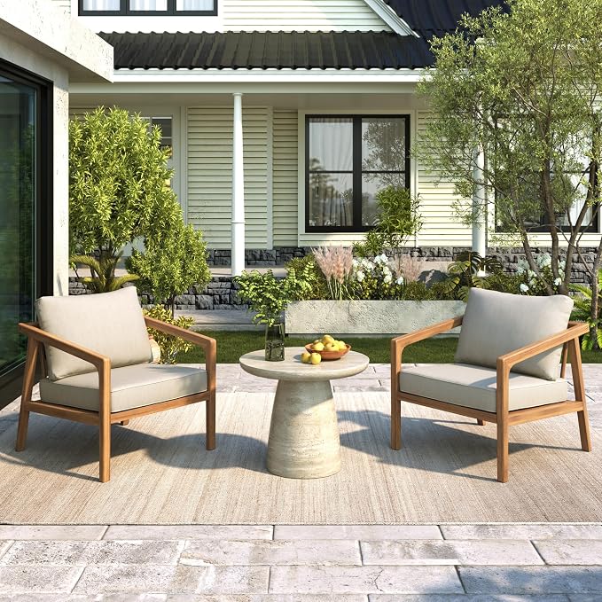 Merax 2 Piece Patio Outdoor Furniture Set, All-Weather Acacia Wood Armchairs w/Coushions, Club Chair for Porch, Lawn, Backyard, Balcony Teak+ Beige
