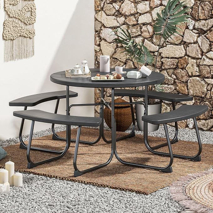 Round Picnic Table for 8 Person, Outside Table Bench Set w/ 4 Built-in Benches, Umbrella Hole, HDPE Top & Metal Frame, 2000LBS Capacity Outdoor Picnic Table for Garden, Porch, Patio (Black)