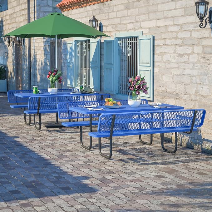 72'' Heavy Duty Outdoor Picnic Table with Backrest - Commercial Grade Rectangular Steel Picnic Table Set, Umbrella Hole, Rust-Resistant Metal Mesh Tabletop for Patio, Garden, Park, BBQ - Blue