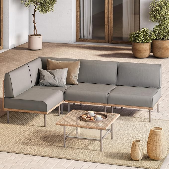 LAUSAINT HOME 5-Piece Outdoor Patio Furniture Set, Wicker Outdoor Conversation Set PE Rattan Sectional Sofa with Washable Cushions and Tempered Glass Table for Garden (Grey)