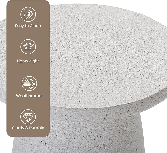 HOMPUS Outdoor Side Table, Concrete Side Table Faux Stone Hourglass Shaped, Patio Round Accent Table, Lightweight MgO Circular Coffee Table Garden Tool for Home Decor, Porch and Deck, Spotted White