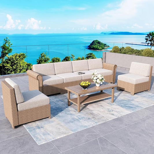 Patio Furniture Set 7 Piece, Wicker Rattan Sectional Sofa Couch with 5.5" Thick Waterproof Cushions and Coffee Table, All weather Modular Outdoor Conversation Set for Lawn Backyard and Deck, Beige
