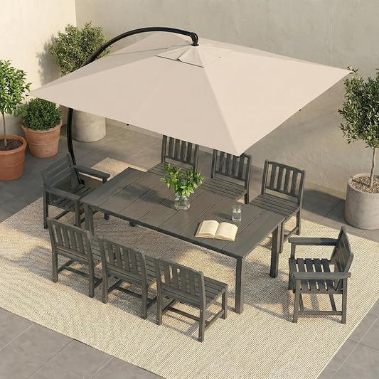9-Pc Outdoor Dining Set, 10x10FT Cantilever Umbrella for 8,Gray | HDPE table, chairs included, aluminum frame, weather-resistant furniture, perfect for yard, lawn, garden, deck