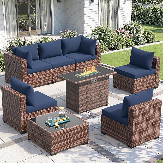 Amopatio 8 Pieces Patio Furniture Set with Fire Pit Table, All-Weather Outdoor Sectional, Wicker Conversation Sofa for Garden, Backyard, Porch, Balcony(Navy Blue)