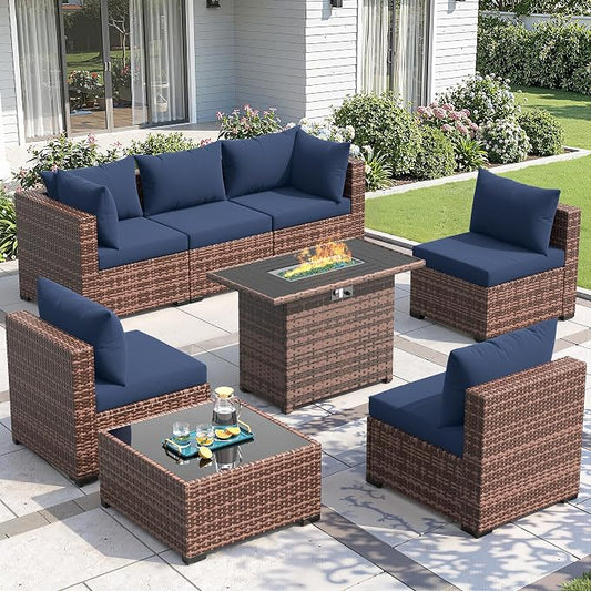 Amopatio 8 Pieces Patio Furniture Set with Fire Pit Table, All-Weather Outdoor Sectional, Wicker Conversation Sofa for Garden, Backyard, Porch, Balcony(Navy Blue)