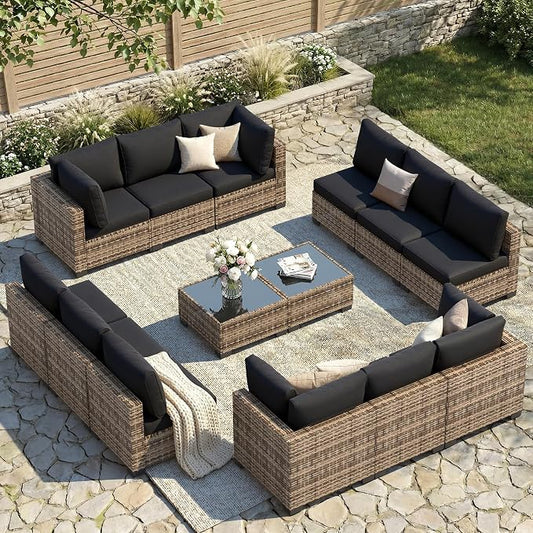 FHFO 14 Piece Outdoor Wicker Patio Furniture Set, Yellow/Black | Sectional Sofa | All-Weather Hand-Woven Rattan | Tempered Glass Coffee Table | Free Combination | Indoor & Outdoor Use