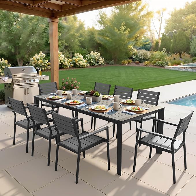 9-Piece Outdoor Dining Set, 83" Rectangular Table and Stackable Armchairs | Aluminum Frame Umbrella Hole and Arm All-Weather Wood Grain Patio Furniture for 8 for Garden, Patio, Backyard (Grey)