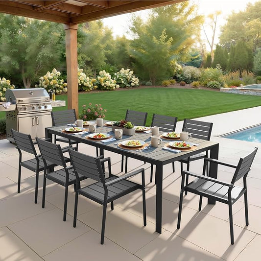 9-Piece Outdoor Dining Set, 83" Rectangular Table and Stackable Armchairs | Aluminum Frame Umbrella Hole and Arm All-Weather Wood Grain Patio Furniture for 8 for Garden, Patio, Backyard (Grey)