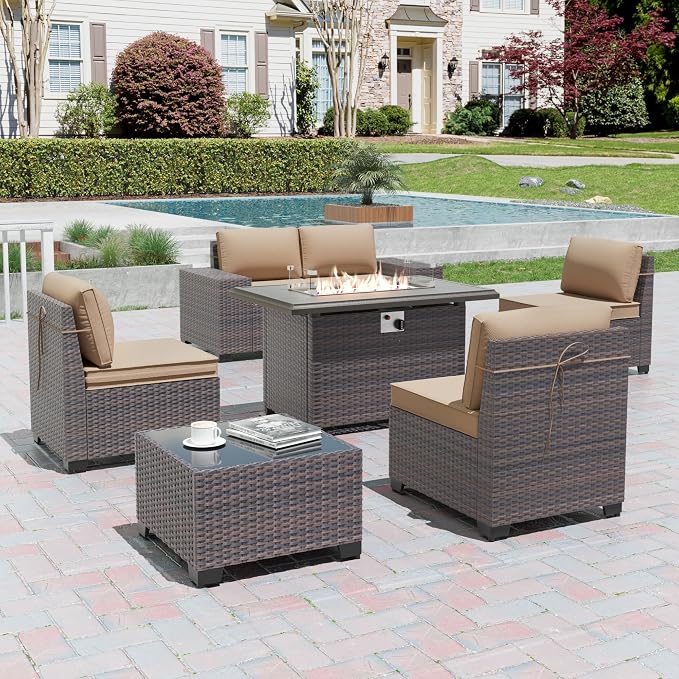 7 Pieces Outdoor Patio Furniture Set with 43"/55000BTU Gas Fire Pit Table,PE Rattan Wicker Outdoor Conversation Sofa Set Non-Slip Cushions Waterproof Covers for Backyard,Poolside,Garden,Sand