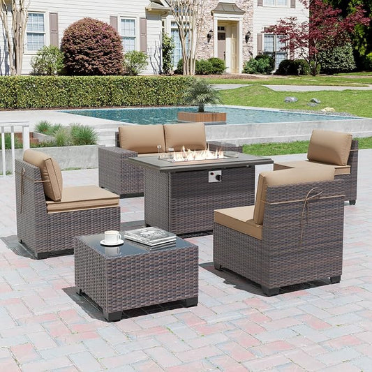 7 Pieces Outdoor Patio Furniture Set with 43"/55000BTU Gas Fire Pit Table,PE Rattan Wicker Outdoor Conversation Sofa Set Non-Slip Cushions Waterproof Covers for Backyard,Poolside,Garden,Sand