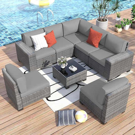 Outdoor Patio Furniture Set, 8‘’ Wide armrest Outdoor Sectional Rattan Sofa Set, Wicker Patio Furniture Sets w/Coffee Table,Thick Cushions and Cover for Porch, Balcony,Deck,8 PCS(Grey&Grey)