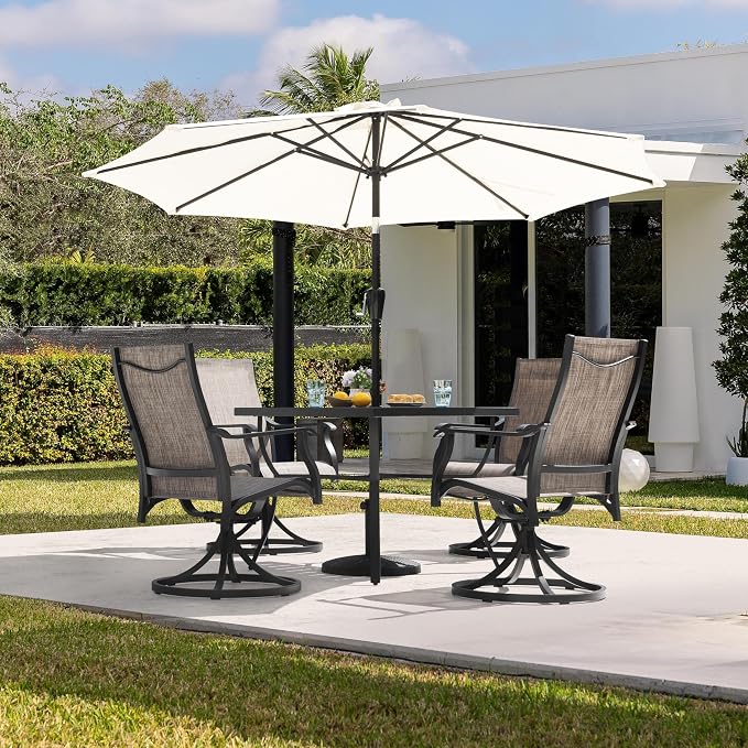 NUU GARDEN 5 Piece Outdoor Dining Set, Aluminum Patio Dining Table with 1.97" Umbrella Hole and 4 Textilene Swivel Chairs, Weather-Resistant Patio Furniture for Garden Backyard, Brown and Black