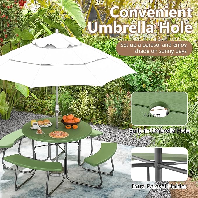 COSTWAY Round Picnic Table with Umbrella Hole, Outdoor Picnic Table with Bench Set for 4-8 People, HDPE Tabletop, Patio Dining Furniture Set for Family Gatherings, BBQ Party, Backyard (Green)