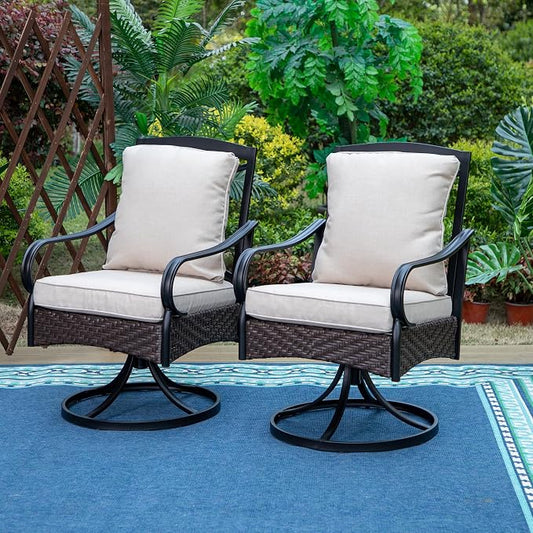 PHI VILLA Swivel Patio Dining Chairs Wicker Chairs Set of 2 with Cushions | Heavy Duty Outdoor Metal Wicker Dining Chair with Padded Cushions, Large All Weather Wrought Iron Patio Chair for Balcony