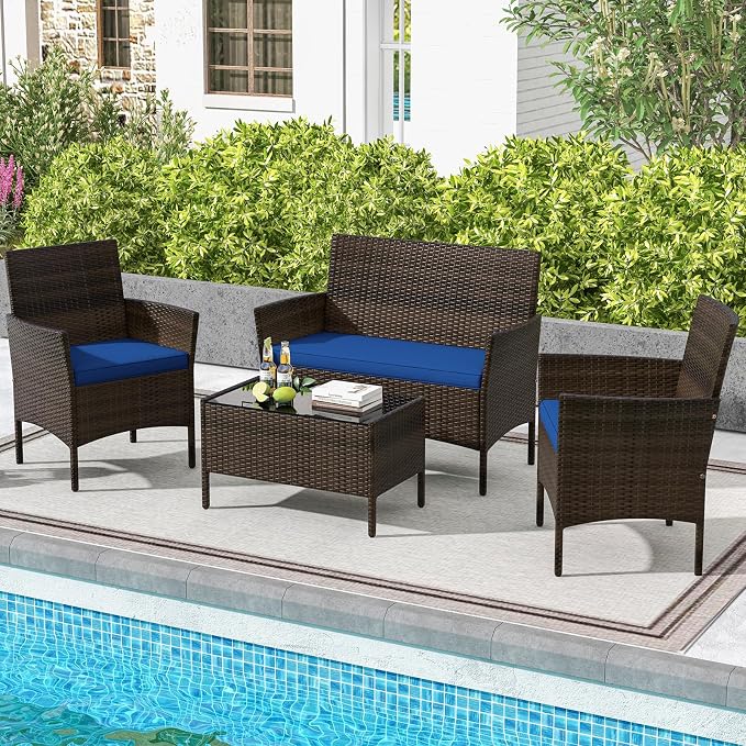 4 Piece Patio Furniture Set, Sectional Conversation Sofa Set with Glass Coffee Table, Cushions & Loveseat, Wicker Outdoor Table and Chairs for Pool, Garden, Deck, Backyard (1, Navy)
