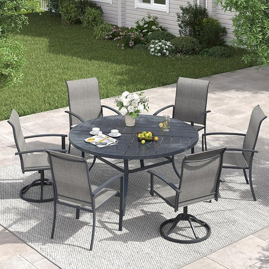 VICLLAX 7 Pieces Patio Dining Set for 6, 50.1" Round Outdoor Table and Chairs (4 Patio Fixed Chairs and 2 Swivel Chairs) for Deck Garden, Dark Grey
