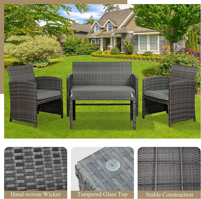 JAMFLY 4 Piece Outdoor Patio Furniture Set, Outdoor Wicker Rattan Chairs Conversation Sets with Cushions & Coffee Table for Outside, Garden, Balcony, Porch, Grey