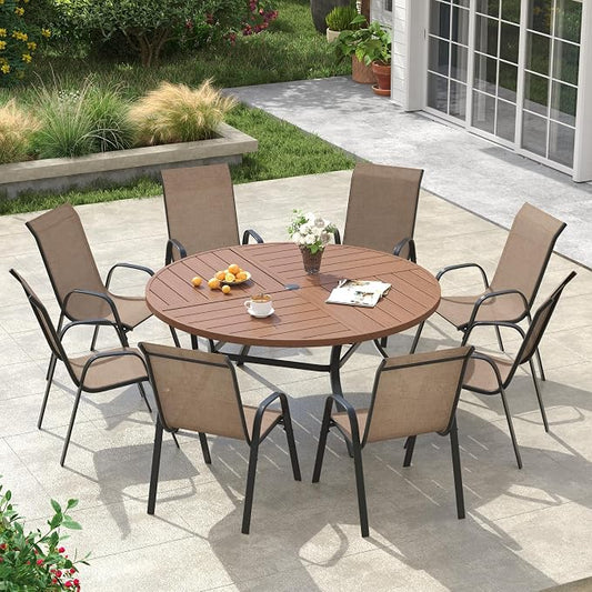 VICLLAX Round Outdoor Patio Dining Set for 8, Metal Slatted Patio Table with Umbrella Hole and 8 Stackable Patio Chairs for Deck Lawn Garden, Brown Fabric and Walnut Tabletop