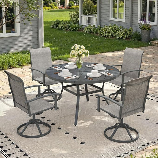 5 Pieces Round Outdoor Table and Chairs Set, Patio Dining Set with 40.6" Round Spliced Outdoor Table and Patio Swivel Chairs for Backyard Lawn Garden, Dark Grey Table and Grey Chairs