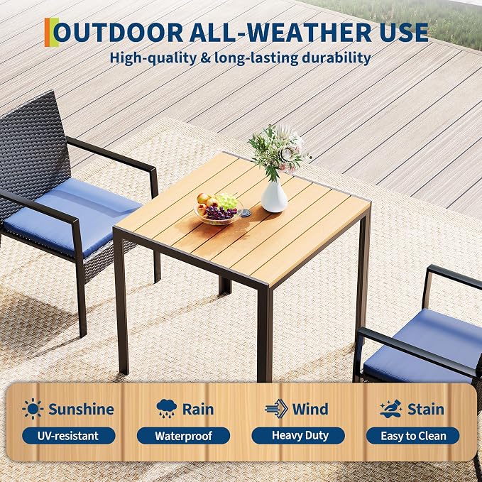 3 Piece Patio Dining Set, Wicker Outdoor Table and Chairs with Umbrella Hole ＆ Soft Cushion, Patio Furniture Set for Backyard, Garden, Poolside, Deck - Black＆Blue
