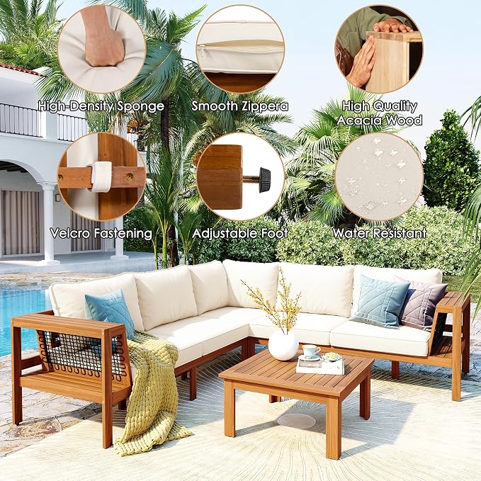 VilroCaz Acacia Wood Patio Sectional Sofa Set, All-Weather Outdoor Conversation Set with Coffee Table and Woven Mesh Armrests, Corner Design Patio Set with Cushions and Side Table (Beige Cushions)