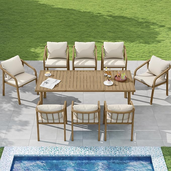 82"×35" Never-Rust Aluminum Outdoor Dining Table – Rectangular Patio Table for 8 Person with Umbrella Hole, Heavy Duty All-Weather for Poolside, Garden, Backyard, Porch, Deck, Teak