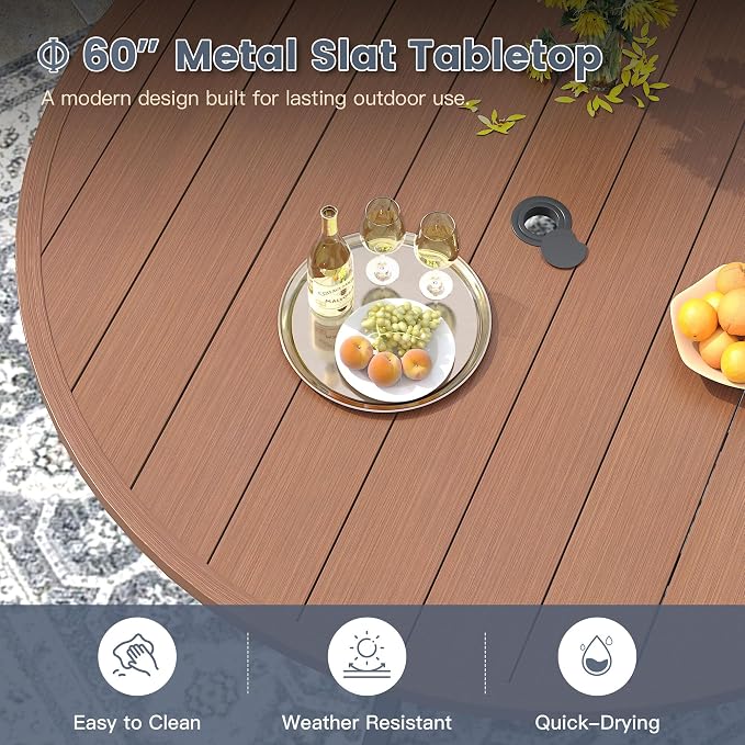 VICLLAX 60" Outdoor Round Patio Dining Table for 8-10, All Weather Metal Dining Table with Umbrella Hole for Deck Lawn Garden Backyard, Walnut