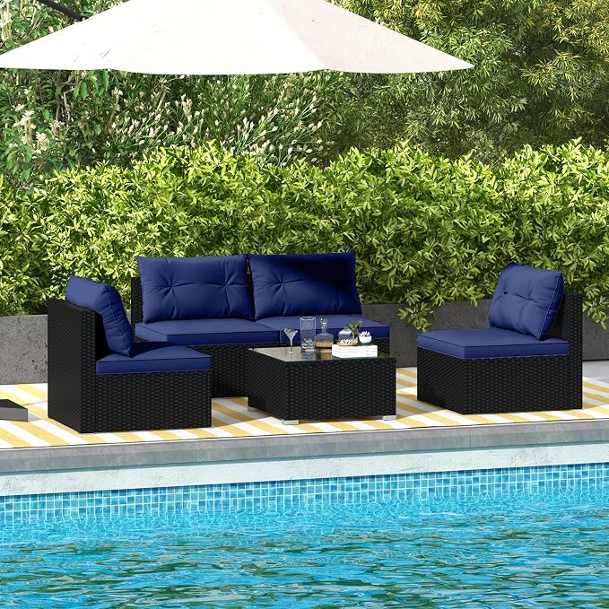 DORTALA 5 Piece Wicker Patio Furniture Set, PE Rattan Outdoor Sectional Conversation Set with Tempered Glass Coffee Table, 4 Chairs for Deck, Backyard, Poolside, Navy