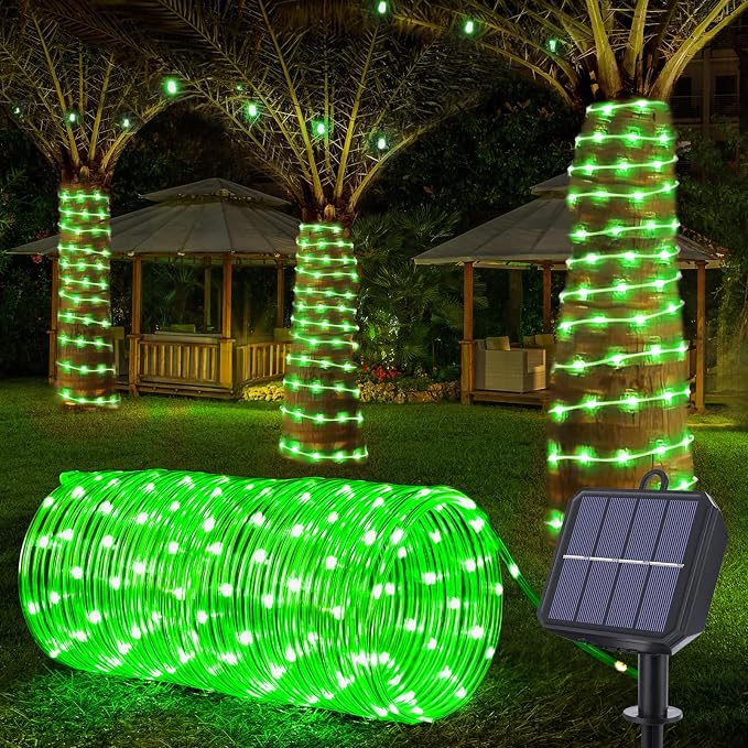 Jnaurb Solar Rope Lights, 33ft 100LED Solar String Lights, 8 Modes Waterproof Solar Outdoor Light, Flexible Clear Trampoline Light for Garden Backyard Patio Deck Porch, Pool Tree Decoration - Green