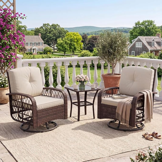 3-Piece Patio Furniture Set, 2 Swivel Rocking Chairs with 1 Rattan Side Table, Tempered Glass Tabletop, Patio Conversation Set for Deck, Porch, Garden, Poolside (Brown Wicker & Beige Cushions)