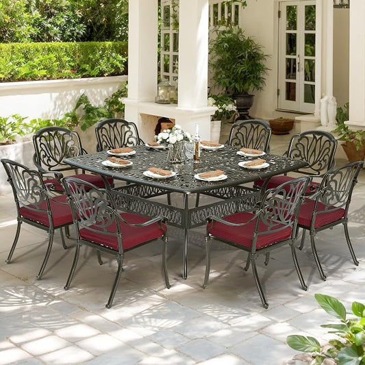 9-Piece Patio Cast Aluminum Dining Set, Outdoor Dining Furniture Set for 8 Person, Includes 64" Square Table and 8 Cushioned Chairs with Umbrella Hole for Patio Deck Garden, Red