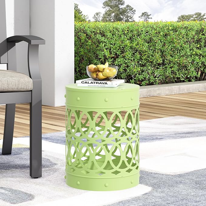 Outdoor Metal End Table Large, White Iron Side Table with Geometric Cut Design, Round Patio Accent Table No Assembly Required, Weather Resistant for Garden Balcony Porch (Green)