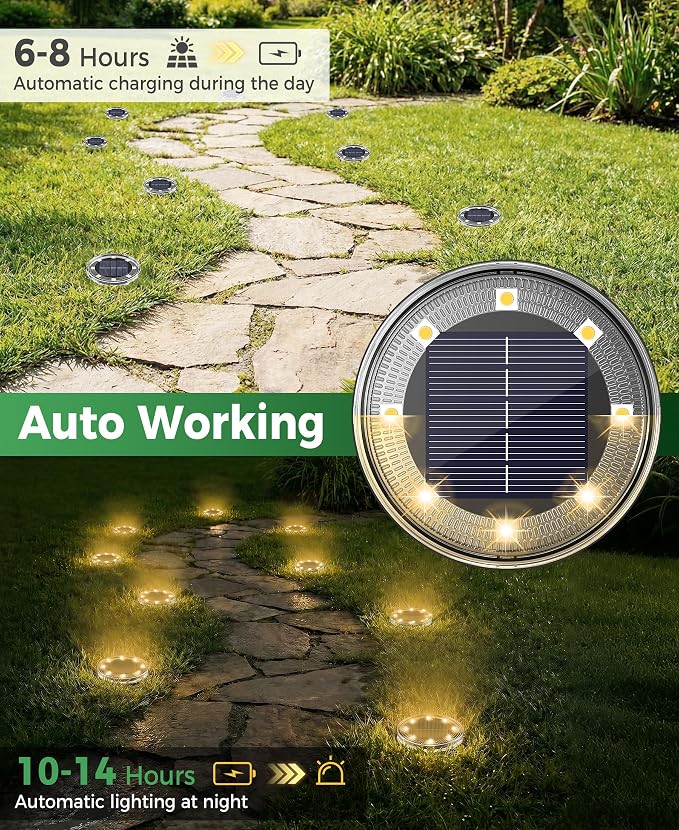 LOTMOS 30 Pack Solar Ground Lights Outdoor, 8 LED Solar Flat Lights IP68 Waterproof Disc Light, Landscape Lighting Solar Powered for Garden Yard Path Driveway Lawn Patio Walkway, Warm White