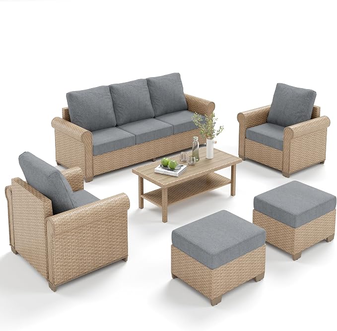 MIXPATIO Patio Furniture Set 6 pcs, Wicker Outdoor Patio Furniture, 3-Seat Sofa, 2 Single Chairs, 2 Ottomans and Coffee Table, Rattan Patio Conversation Set for Backyard Deck, Grey