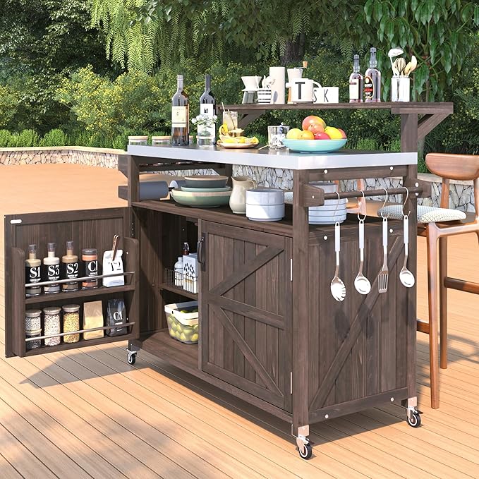 RUNNA Outdoor Kitchen Island with Raised Shelf,Solid Wood Storage Cabinet with Stainless Steel Top,Outdoor Rolling Grill Cart with Internal Storage Rack, Adjustable Shelf,Spice Rack (Brown#028)