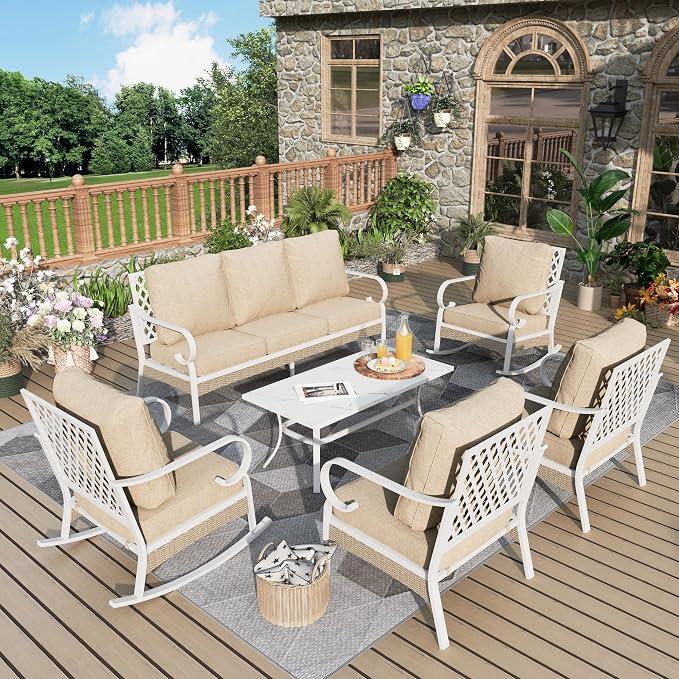 MIXPATIO 6 Piece Patio Furniture Set, 2 x Fixed Chair, 2 x Rocking Chair, 1 x 3-Seat Sofa with Marbling Coffee Table, All Cushioned 7 Seats Outdoor Conversation Set, Beige