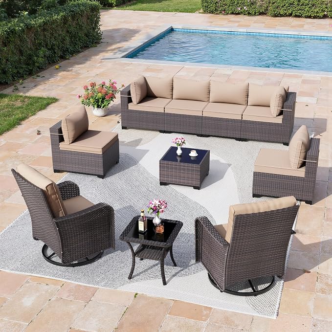 10 Pieces Outdoor Patio Furniture Set,Outdoor Sectional Furniture All Weather PE Rattan Wicker Patio Conversation Set with Coffee Table,Swivel Rocking Chairs Set,Sand