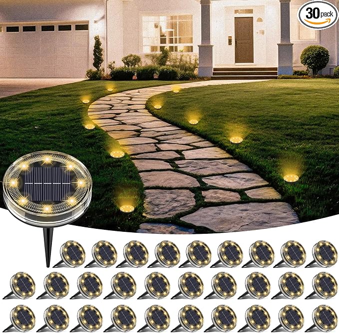 LOTMOS 30 Pack Solar Ground Lights Outdoor, 8 LED Solar Flat Lights IP68 Waterproof Disc Light, Landscape Lighting Solar Powered for Garden Yard Path Driveway Lawn Patio Walkway, Warm White