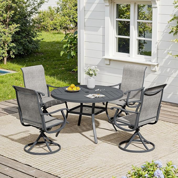 VICLLAX 5 Pieces Patio Dining Set, Patio Furniture Set of 4 Patio Swivel Dining Chairs and 40.6" Patio Spliced Round Tabletop with Storage Shelf, Grey Chairs & Dark Grey Tabletop