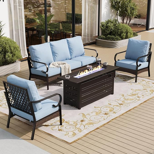 SUNSHINE VALLEY 4 Piece Black Metal Outdoor Patio Furniture Sets with Firepit Table, Patio Conversation Sets 1 3-Seater Sofa, 2 Single Sofa with 5.75" Thick Cushion Backyard Furniture for Deck, Blue