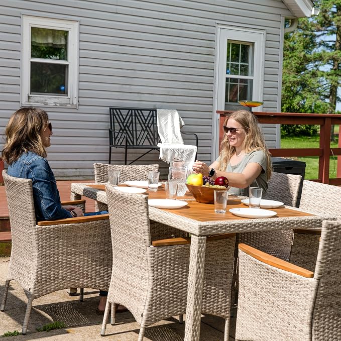 Sunnydaze Foxford 7-Piece Rattan and Acacia Outdoor Dining Set - 1 Table and 6 Chairs with 6 Thick Seat Cushions