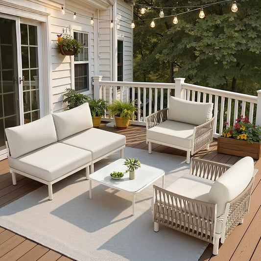 5-Piece Aluminum Modern Outdoor Sectional Sofa with Coffee Table - Weather-Resistant 31" Deep Seating Patio Conversation Set, 5.1" Thick Removable Cushions for Deck, Porch & Backyard, Beige