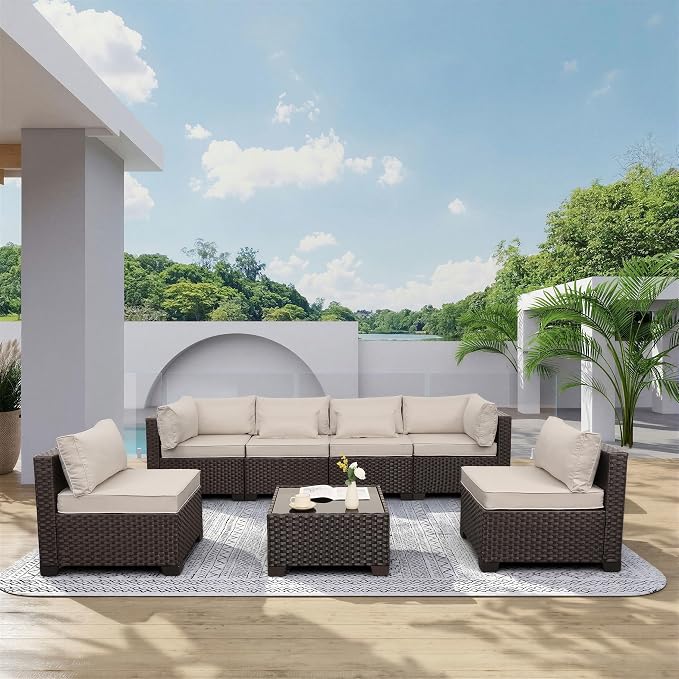 Rattaner 7 Pieces Wicker Patio Furniture Conversation Set Outdoor Sectional Sofa Glass Coffee Table with Non-Slip Cushions and Furniture Cover, Beige