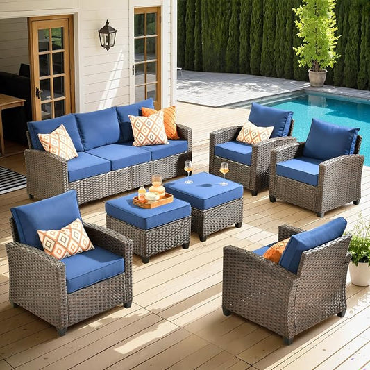ovios 7 Pieces Patio Furniture Set, Outdoor Wicker Sofa Couch with 4 Chairs Comfy Cushions, All Weather Brown Rattan Conversation Set for Backyard Deck Porch, Navy Blue