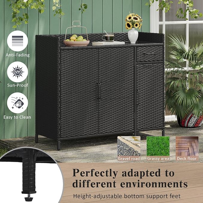 RuiSiSi Wicker Bar Table with Drawer & Adjustable Shelf for Outdoor, Rattan Buffet Cabinet Sideboard with Tempered Glass Desktop, Patio Rattan Bar Table with 3 Doors, Black Brown