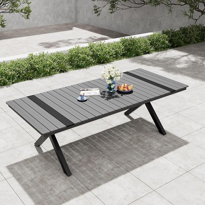 Pellebant 94" Outdoor Dining Table for 8-10, 8ft Aluminum Patio Table with Umbrella Hole, Weather Resistant Grey Wood Grain Tabletop and Sturdy Frame for Deck, Porch, Backyard